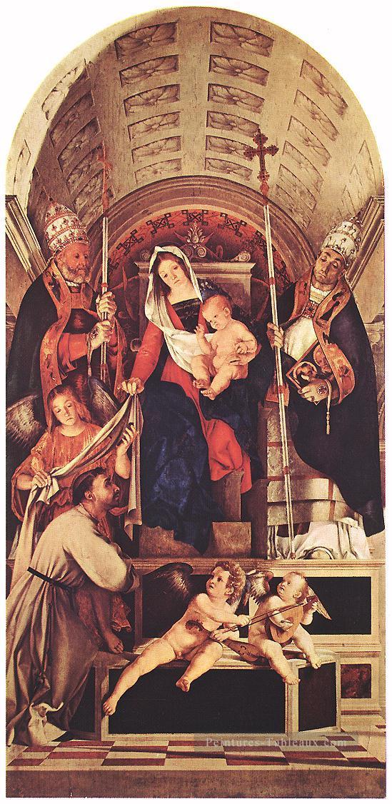 Vierge à l’Enfant avec Sts Dominic Gregory et Urbain Renaissance Lorenzo Lotto Peintures à l'huile